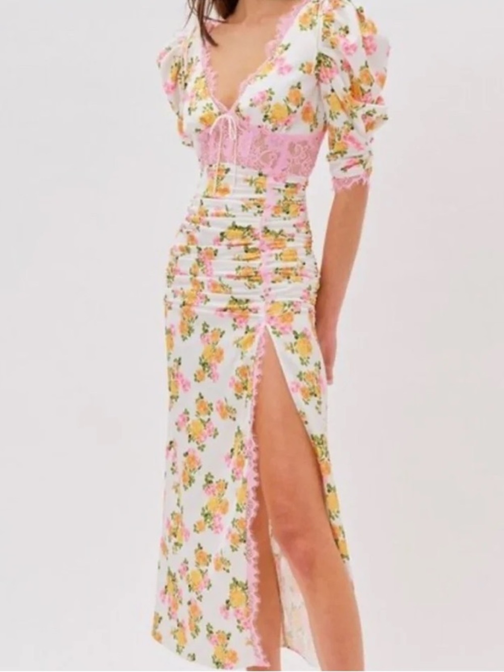 FOR LOVE & LEMONS EMMA FLORAL PINK RUCHED LACE MIDI DRESS SIZE S